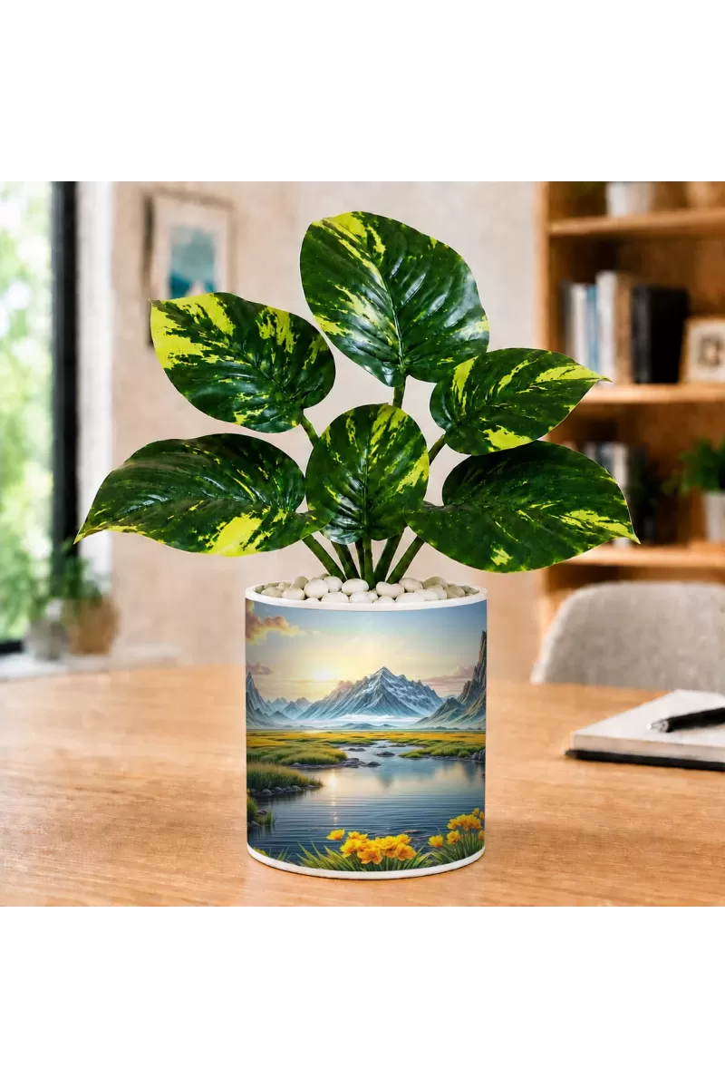 Artificial Tree Ceramic Photo Pot With White Stones 3x4 Inch (F164552)