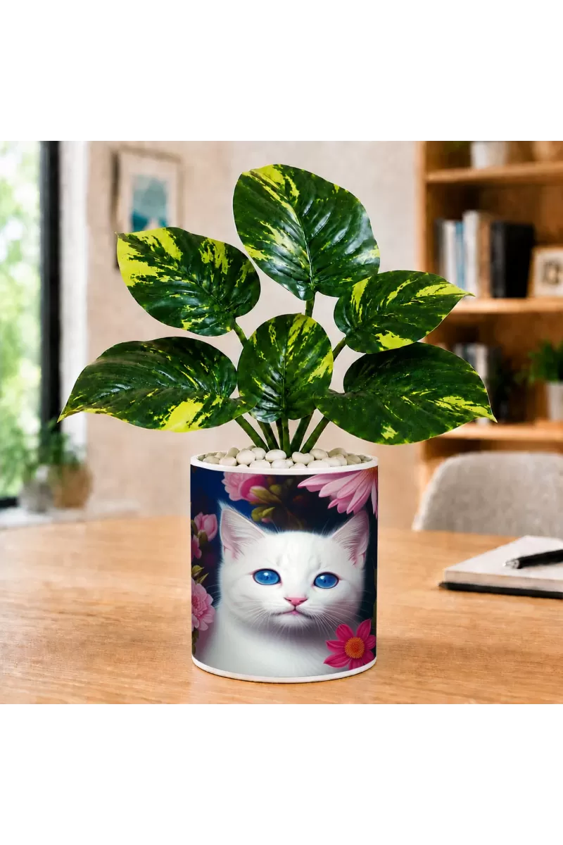 Artificial Tree Ceramic Photo Pot With White Stones 3x4 Inch (F164555)