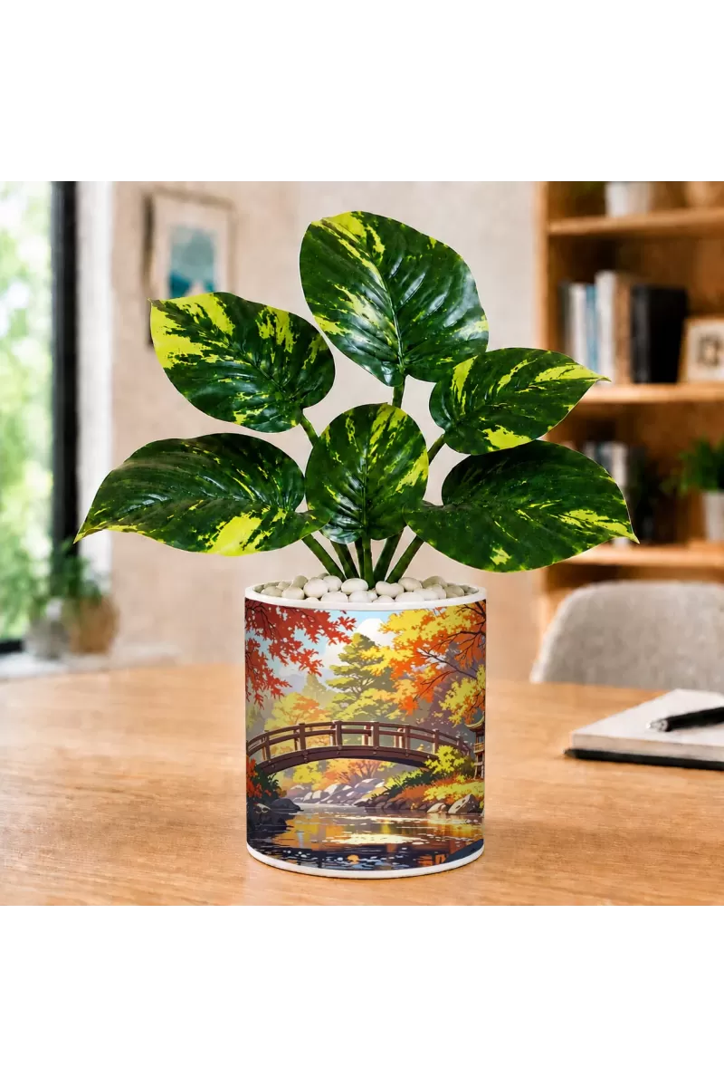 Artificial Tree Ceramic Photo Pot With White Stones 3x4 Inch (F164558)