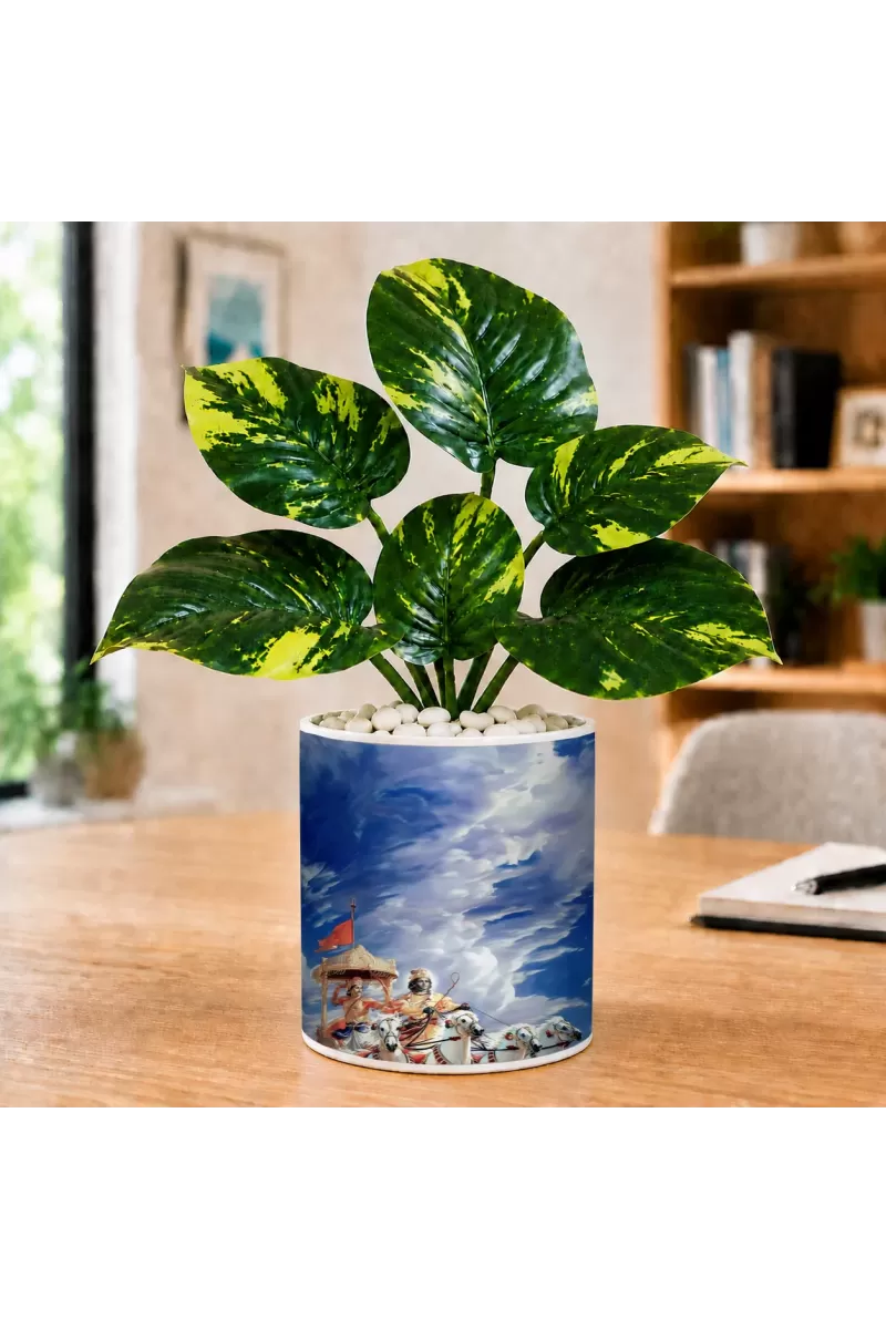 Artificial Tree Ceramic Photo Pot With White Stones 3x4 Inch (F164570)
