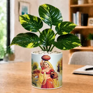 Artificial Tree Ceramic Photo Pot With White Stones 3x4 Inch (F164571)