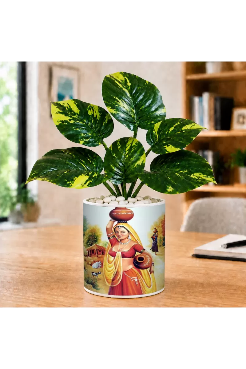 Artificial Tree Ceramic Photo Pot With White Stones 3x4 Inch (F164571)