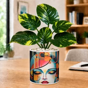 Artificial Tree Ceramic Photo Pot With White Stones 3x4 Inch (F164573)