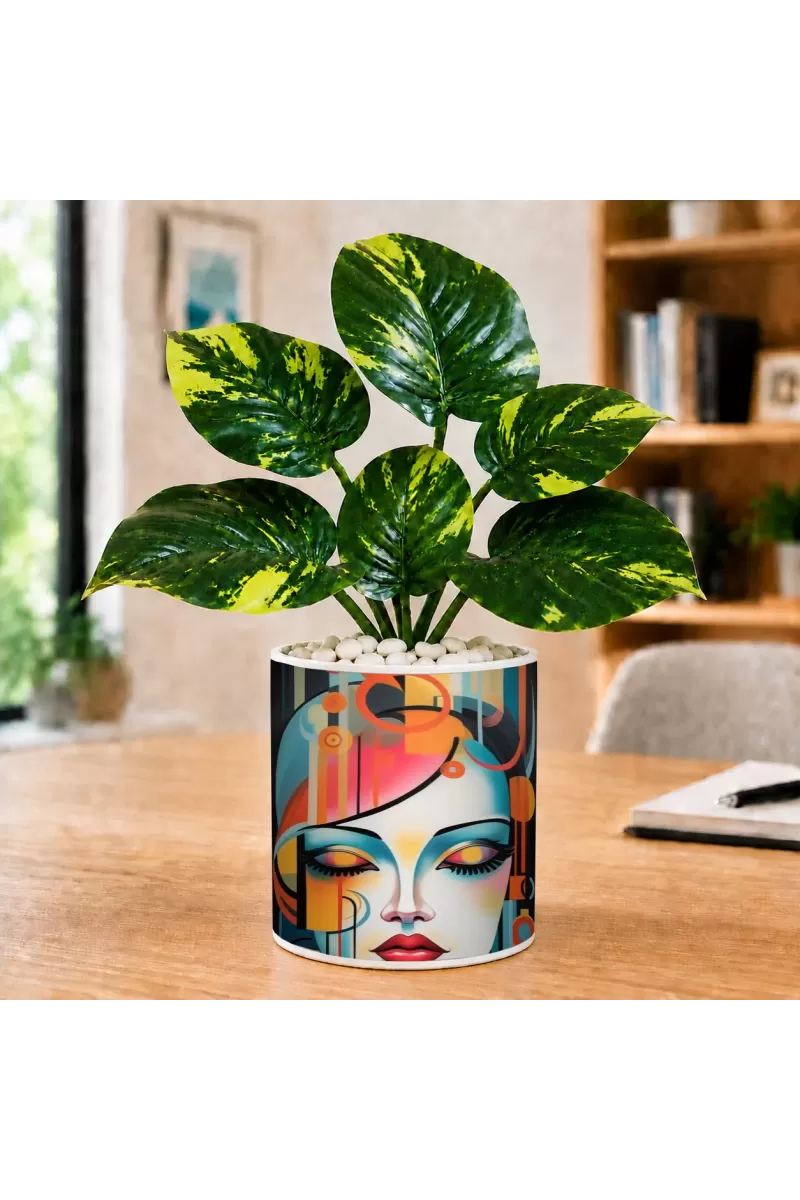 Artificial Tree Ceramic Photo Pot With White Stones 3x4 Inch (F164573)
