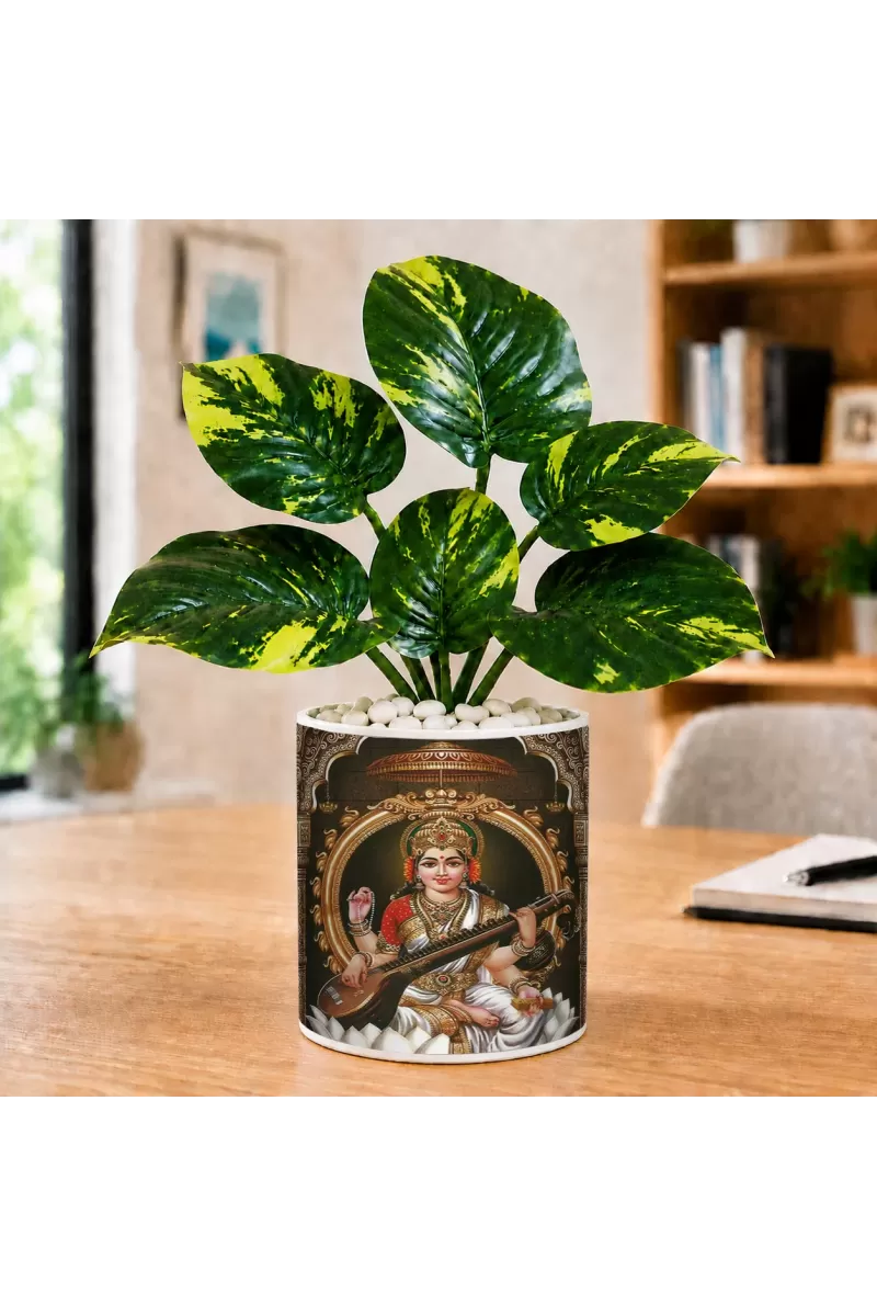 Artificial Tree Ceramic Photo Pot With White Stones 3x4 Inch (F164579)