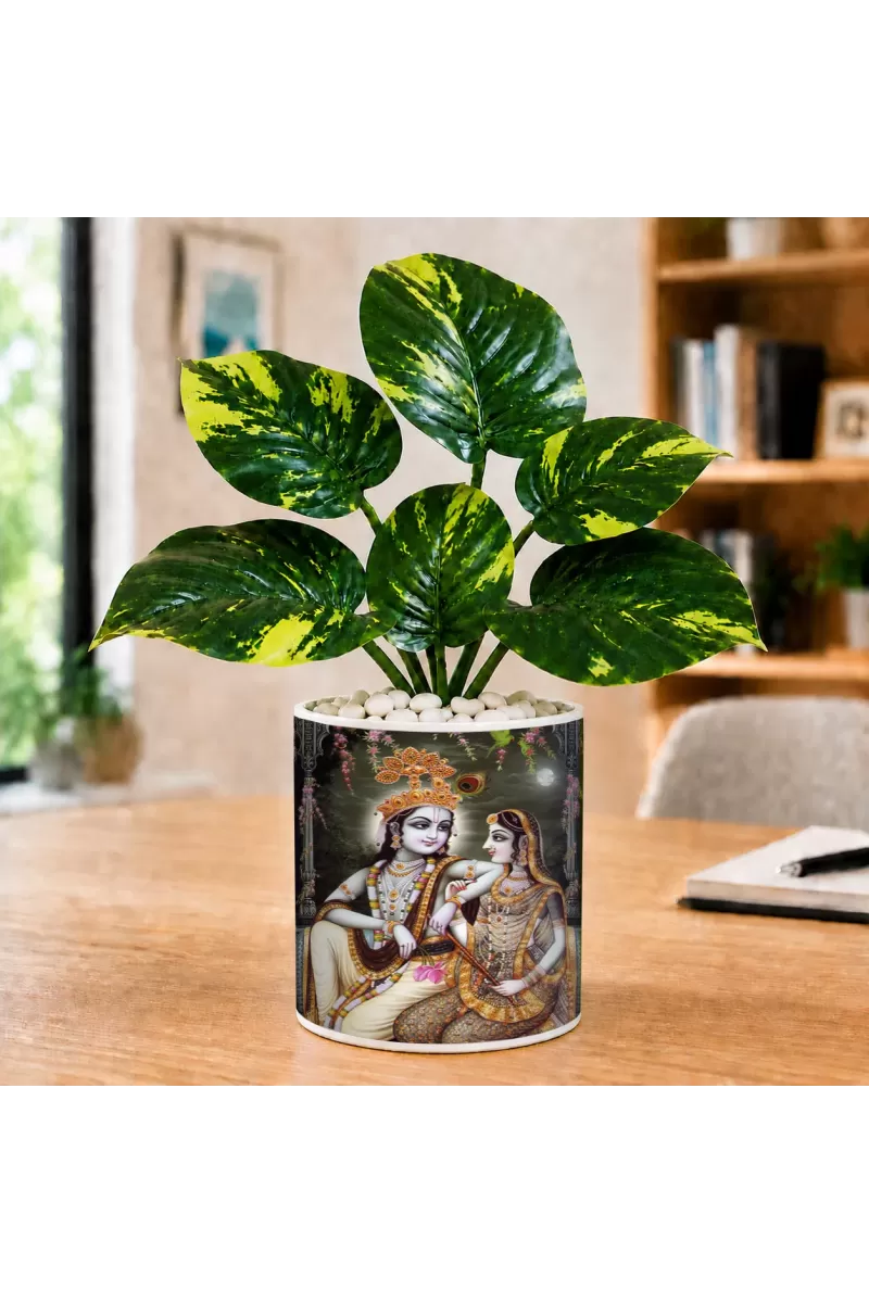 Artificial Tree Ceramic Photo Pot With White Stones 3x4 Inch (F164581)