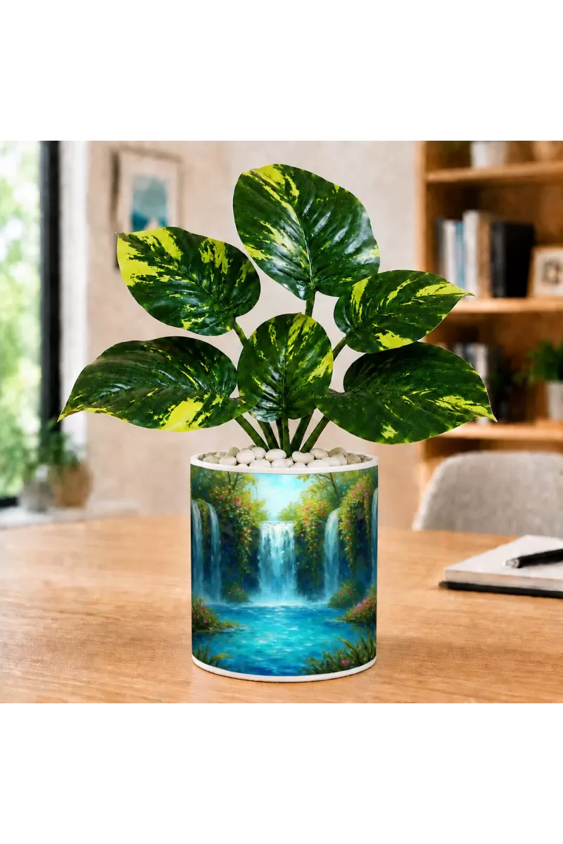 Artificial Tree Ceramic Photo Pot With White Stones 3x4 Inch (F164583)