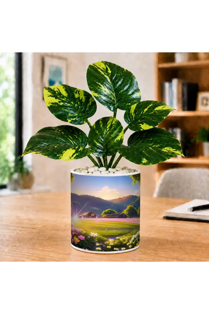 Artificial Tree Ceramic Photo Pot With White Stones 3x4 Inch (F164599)