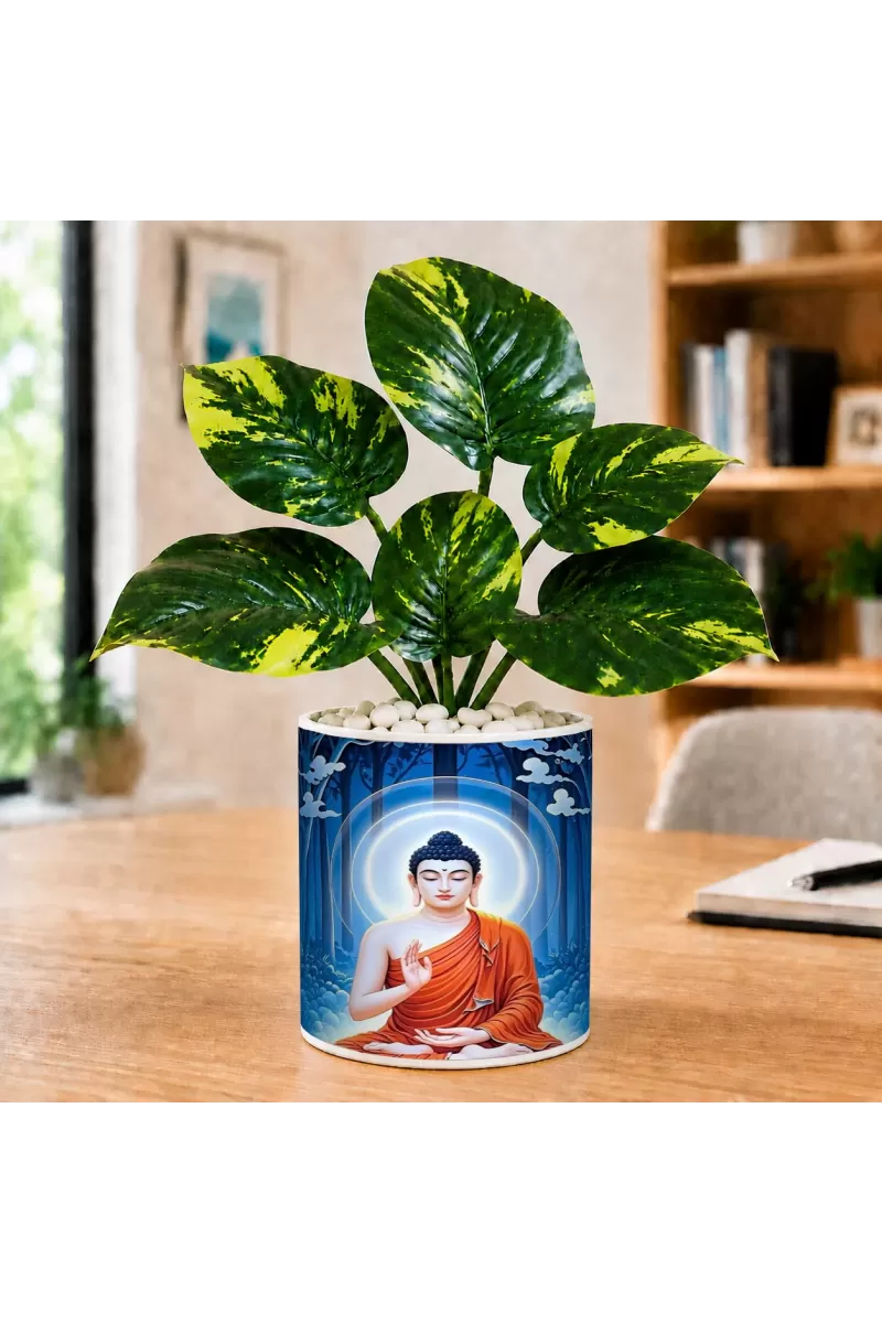 Artificial Tree Ceramic Photo Pot With White Stones 3x4 Inch (F164601)