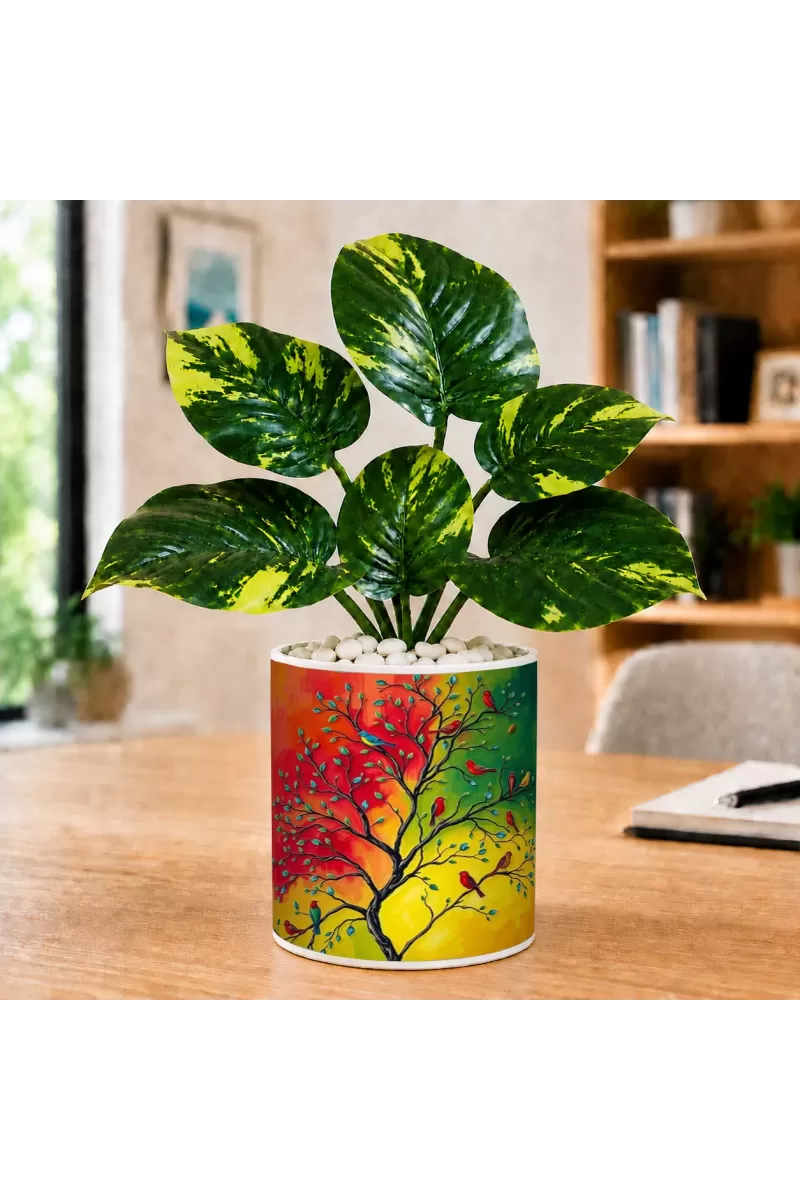Artificial Tree Ceramic Photo Pot With White Stones 3x4 Inch (F164603)