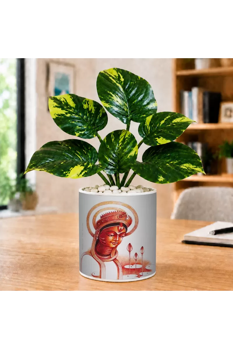 Artificial Tree Ceramic Photo Pot With White Stones 3x4 Inch (F164605)