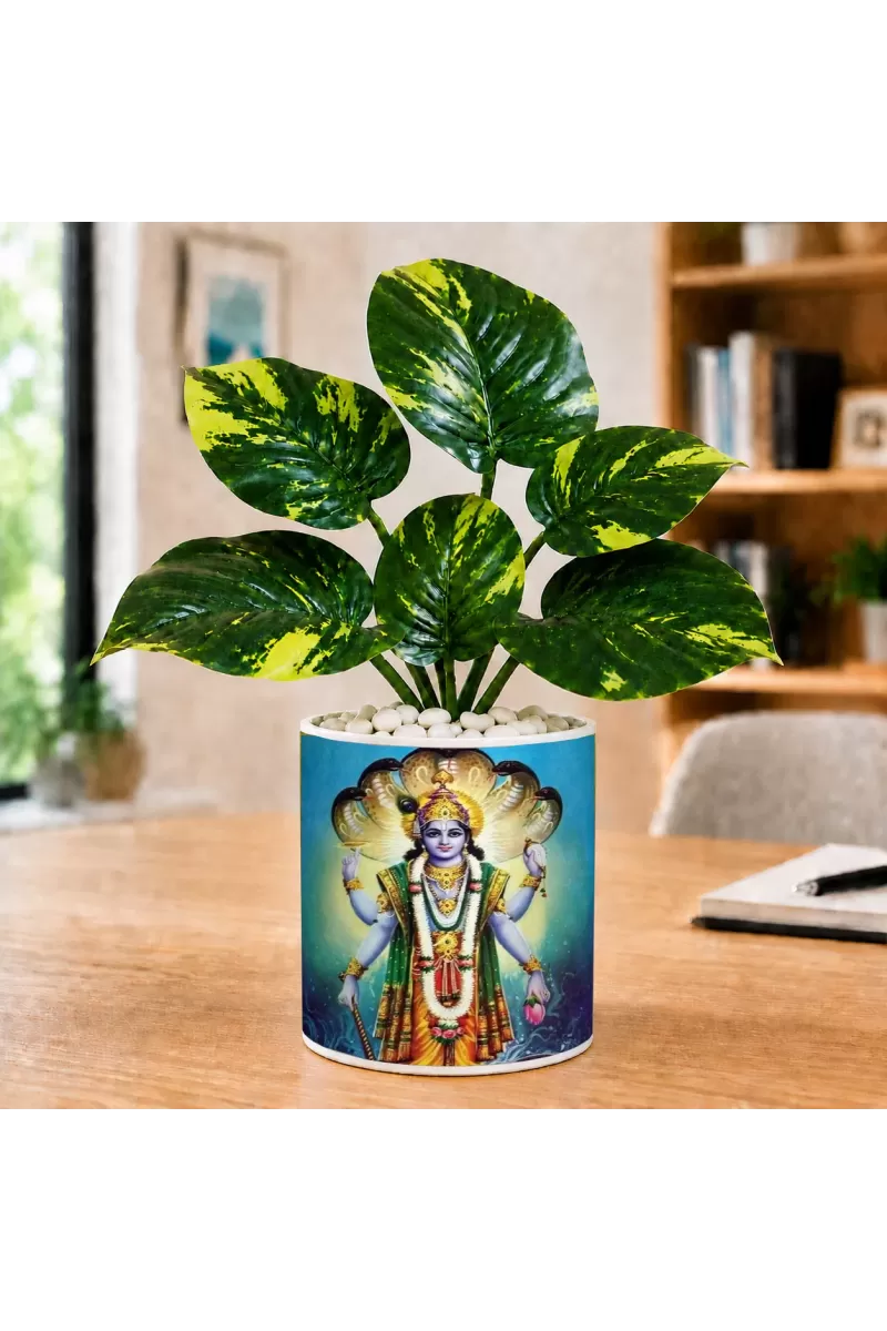 Artificial Tree Ceramic Photo Pot With White Stones 3x4 Inch (F164607)