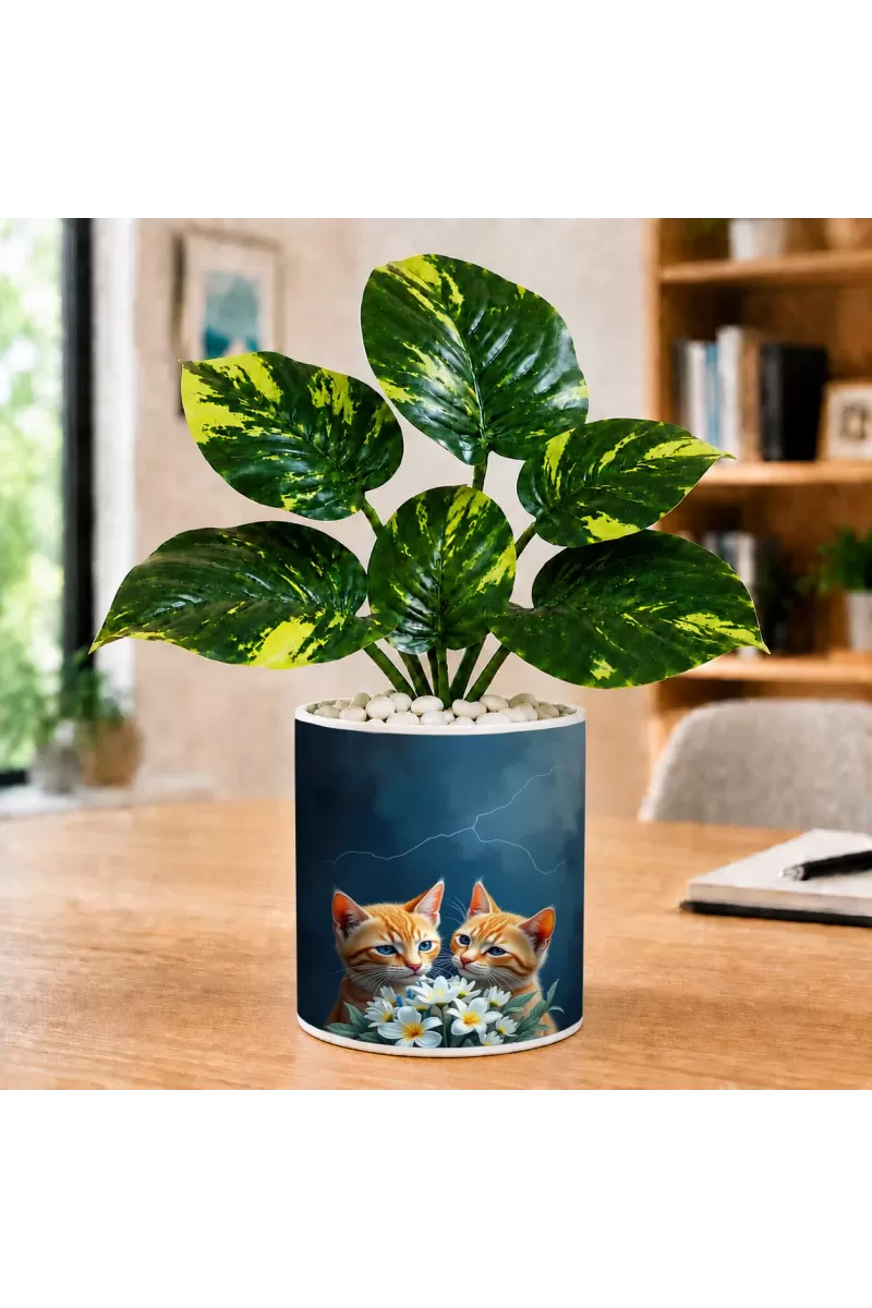 Artificial Tree Ceramic Photo Pot With White Stones 3x4 Inch (F164612)