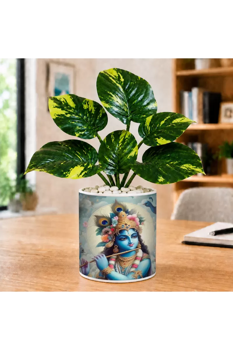 Artificial Tree Ceramic Photo Pot With White Stones 3x4 Inch (F164616)