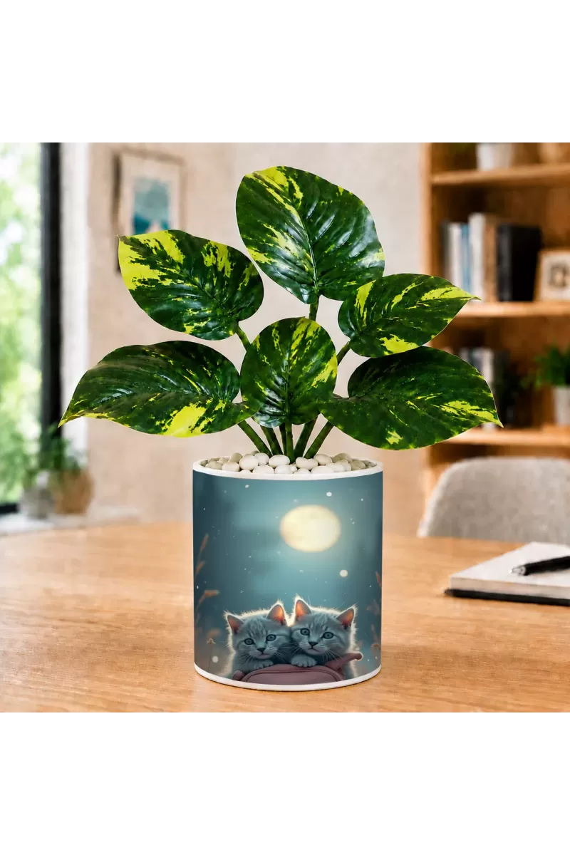 Artificial Tree Ceramic Photo Pot With White Stones 3x4 Inch (F164624)