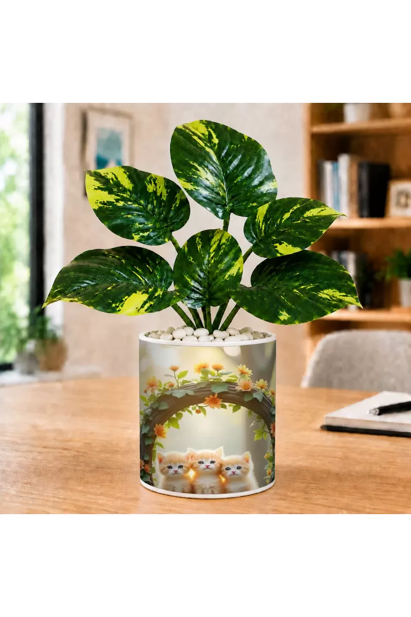Artificial Tree Ceramic Photo Pot With White Stones 3x4 Inch (F164625)