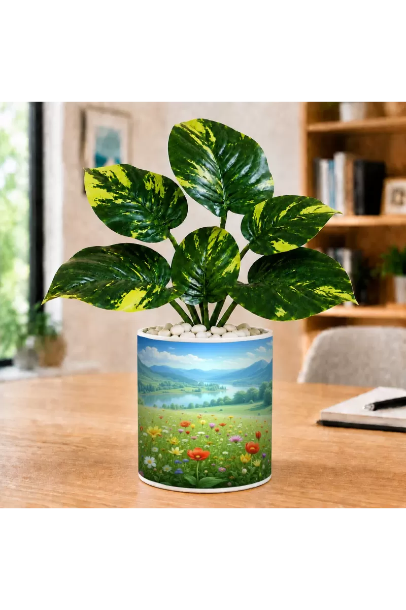 Artificial Tree Ceramic Photo Pot With White Stones 3x4 Inch (F164629)