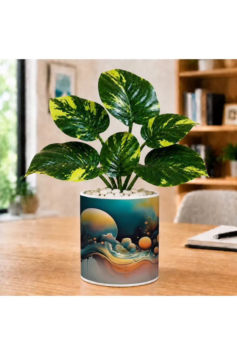 Artificial Tree Ceramic Photo Pot With White Stones 3x4 Inch (F164637)