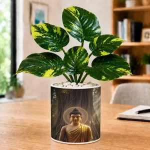 Artificial Tree Ceramic Photo Pot With White Stones 3x4 Inch (F164643)