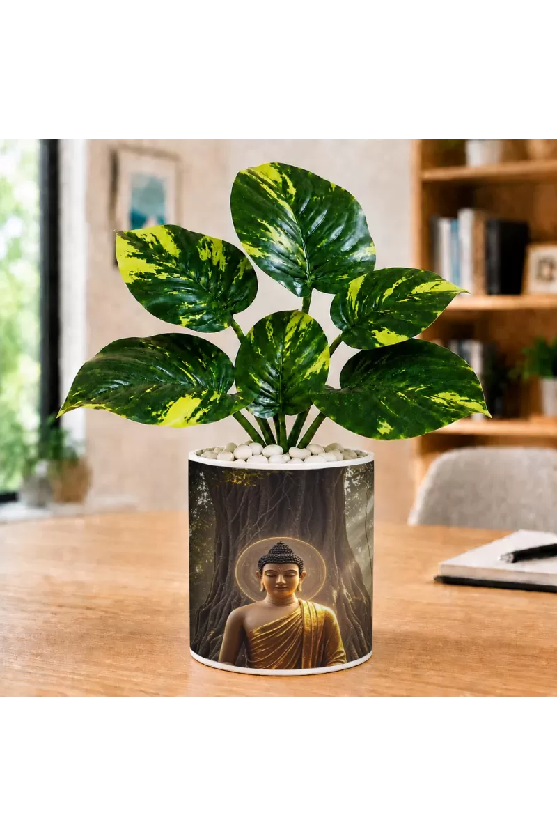 Artificial Tree Ceramic Photo Pot With White Stones 3x4 Inch (F164643)