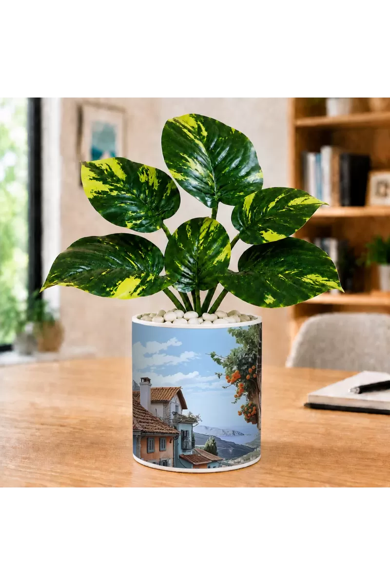 Artificial Tree Ceramic Photo Pot With White Stones 3x4 Inch (F164645)