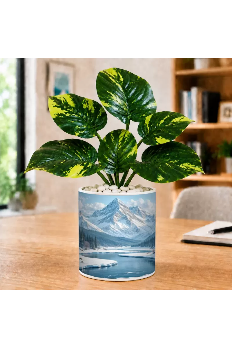 Artificial Tree Ceramic Photo Pot With White Stones 3x4 Inch (F164648)