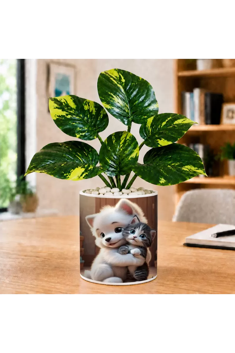 Artificial Tree Ceramic Photo Pot With White Stones 3x4 Inch (F164659)