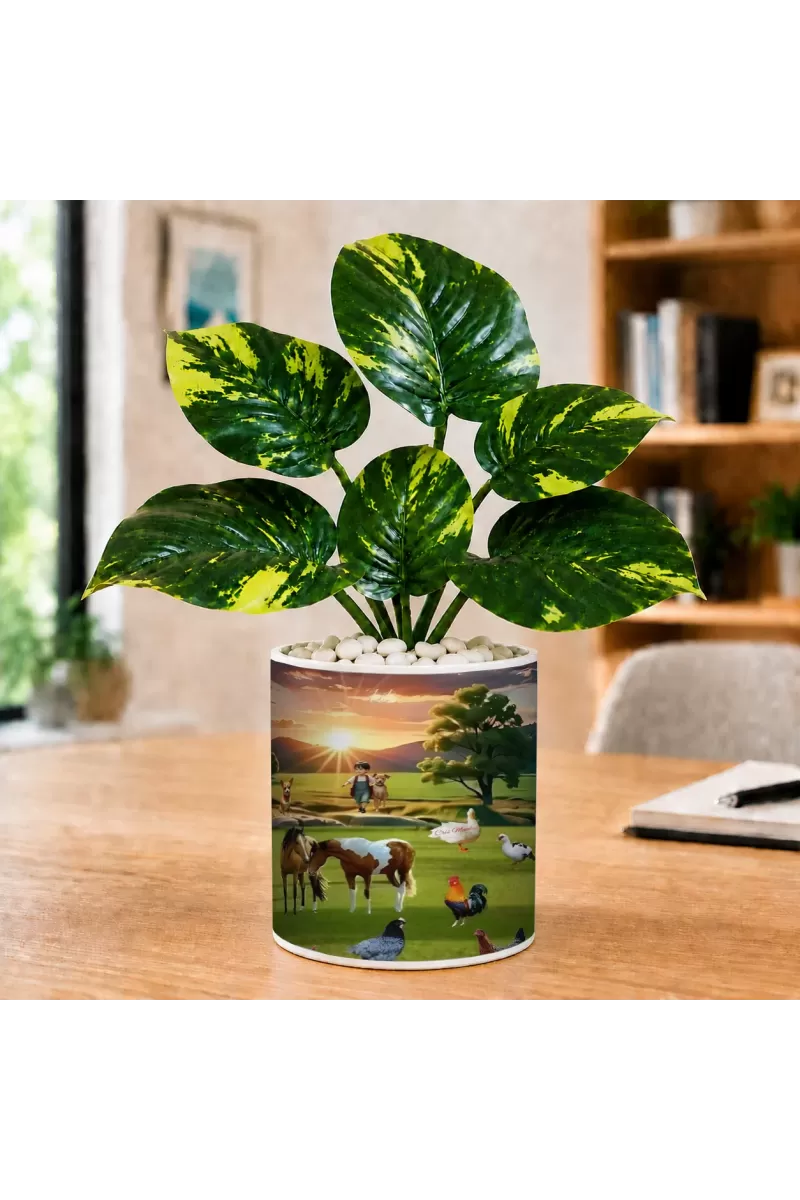 Artificial Tree Ceramic Photo Pot With White Stones 3x4 Inch (F164663)