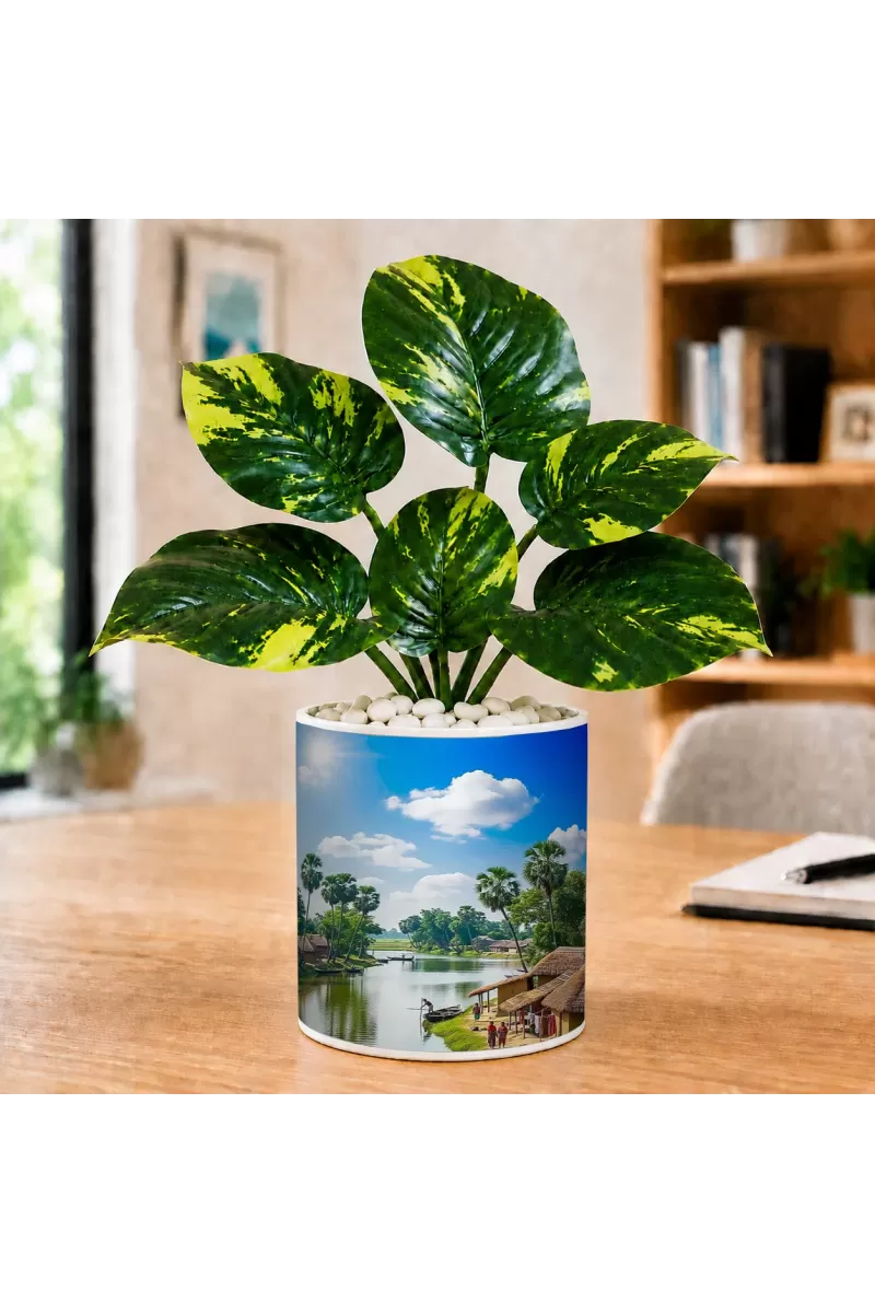 Artificial Tree Ceramic Photo Pot With White Stones 3x4 Inch (F164673)