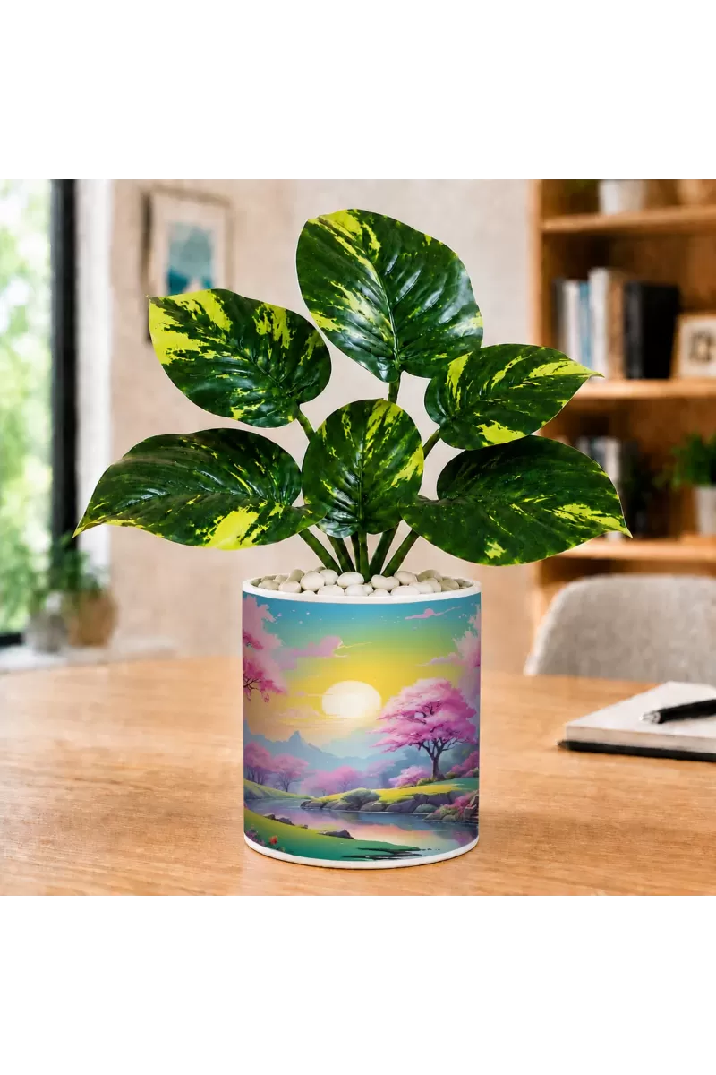 Artificial Tree Ceramic Photo Pot With White Stones 3x4 Inch (F164677)