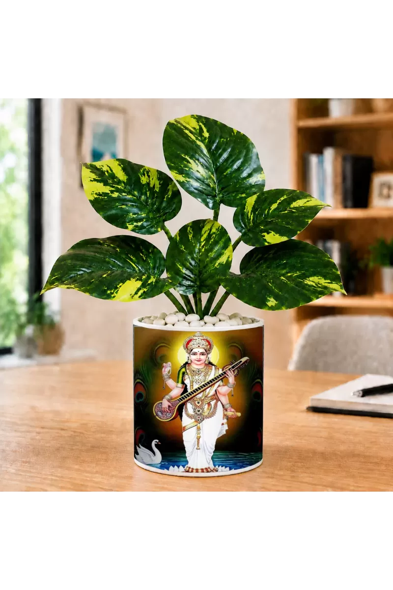 Artificial Tree Ceramic Photo Pot With White Stones 3x4 Inch (F164682)