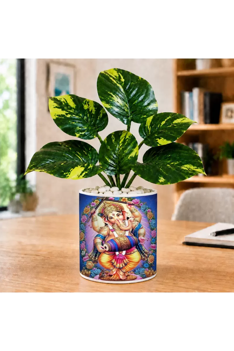 Artificial Tree Ceramic Photo Pot With White Stones 3x4 Inch (F164696)