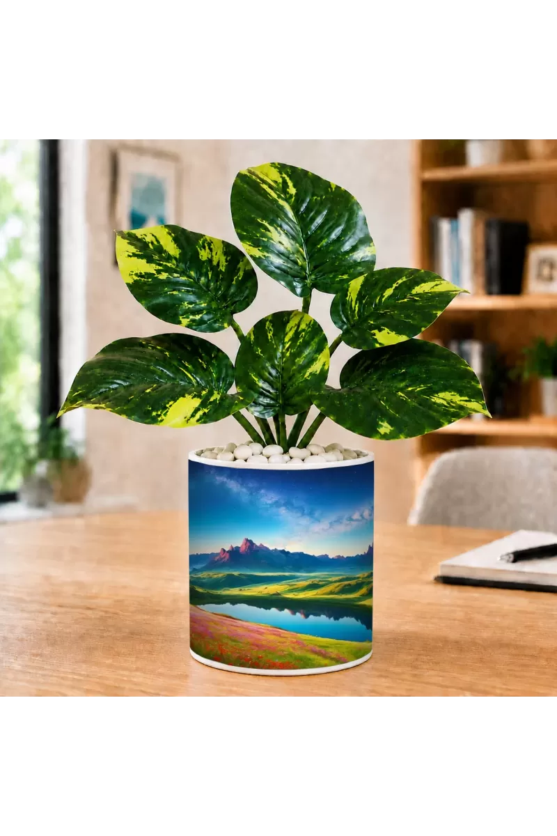 Artificial Tree Ceramic Photo Pot With White Stones 3x4 Inch (F164698)