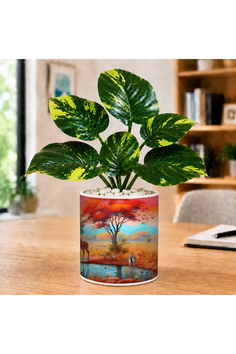 Artificial Tree Ceramic Photo Pot With White Stones 3x4 Inch (F164702)