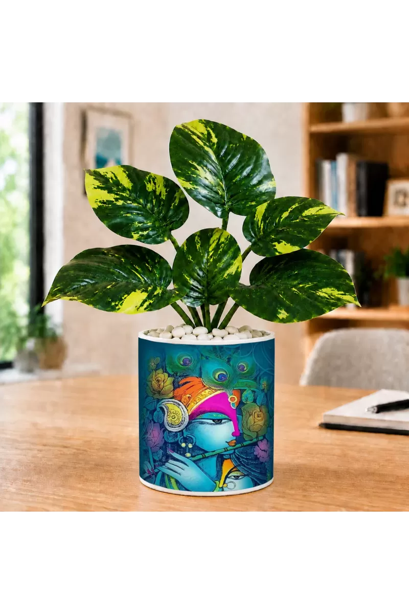Artificial Tree Ceramic Photo Pot With White Stones 3x4 Inch (F164703)