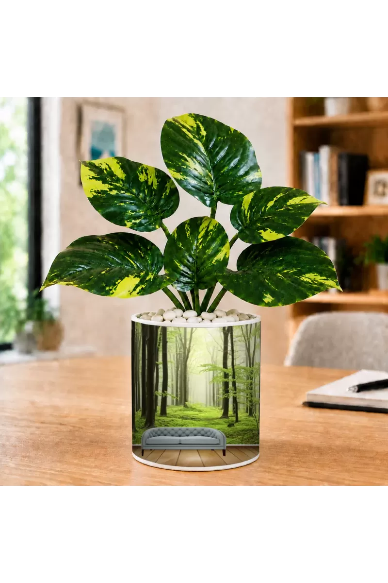 Artificial Tree Ceramic Photo Pot With White Stones 3x4 Inch (F164708)