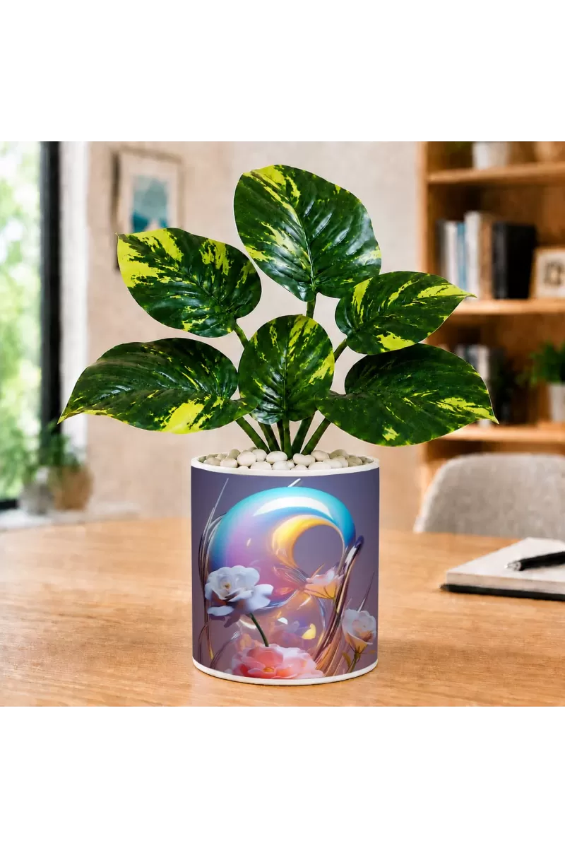Artificial Tree Ceramic Photo Pot With White Stones 3x4 Inch (F164711)