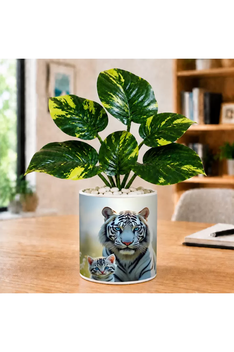 Artificial Tree Ceramic Photo Pot With White Stones 3x4 Inch (F164718)