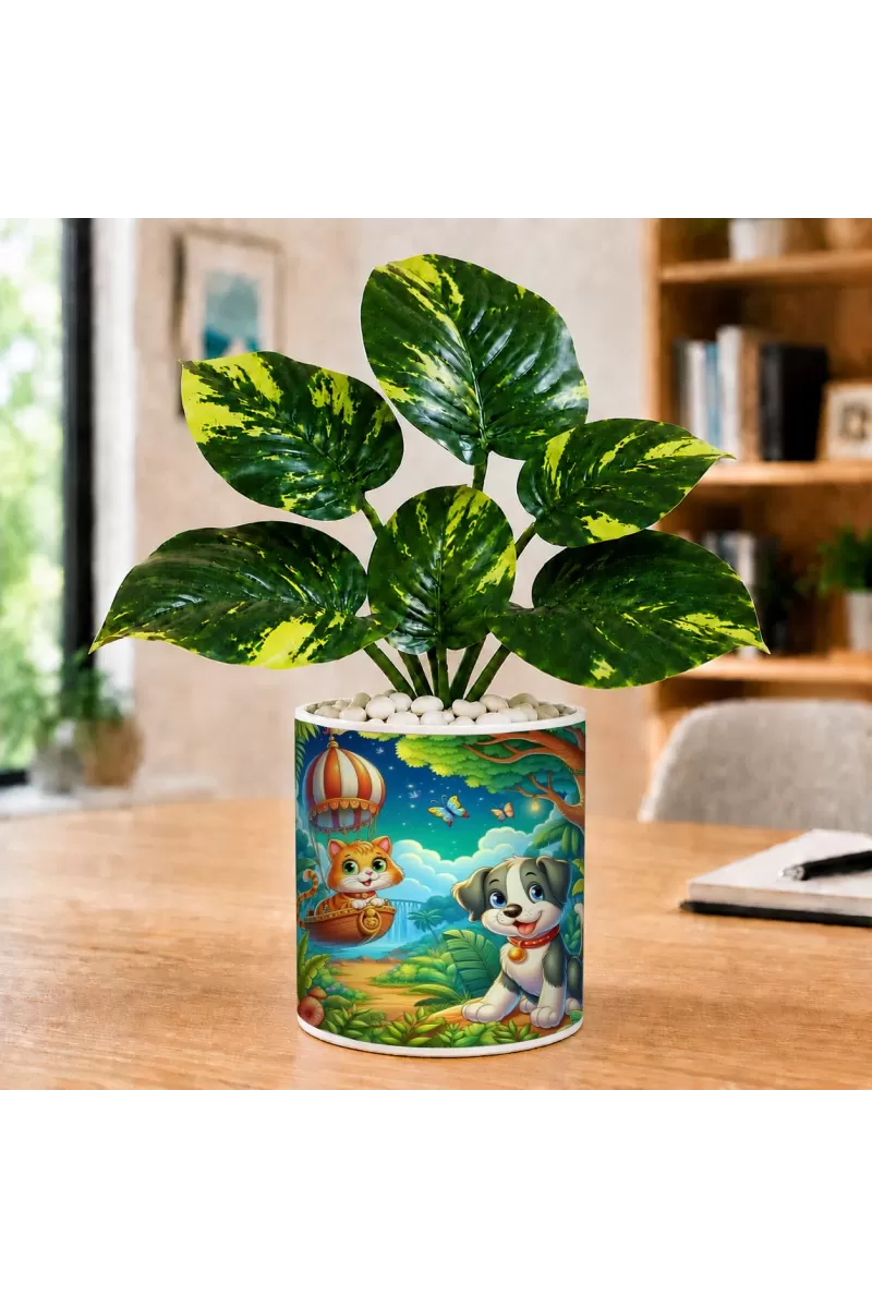 Artificial Tree Ceramic Photo Pot With White Stones 3x4 Inch (F164720)