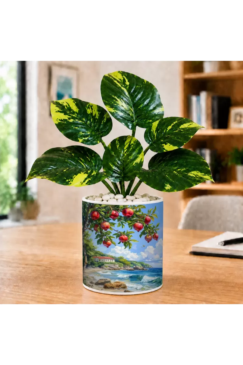 Artificial Tree Ceramic Photo Pot With White Stones 3x4 Inch (F164721)