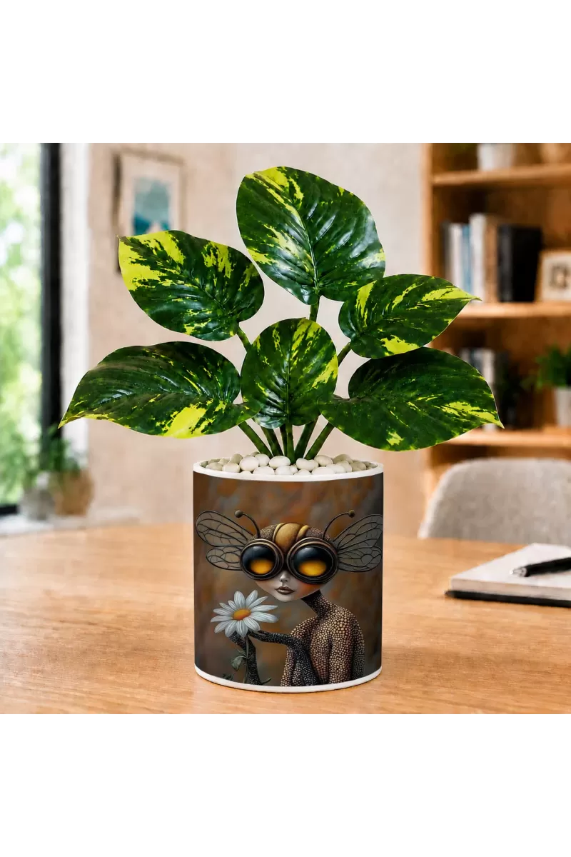 Artificial Tree Ceramic Photo Pot With White Stones 3x4 Inch (F164722)