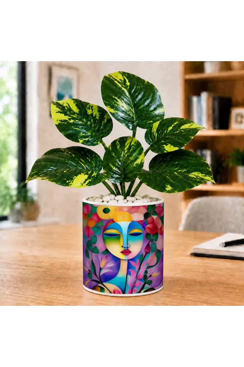 Artificial Tree Ceramic Photo Pot With White Stones 3x4 Inch (F164724)