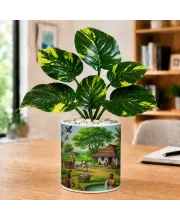 Artificial Tree Ceramic Photo Pot With White Stones 3x4 Inch (F164730)