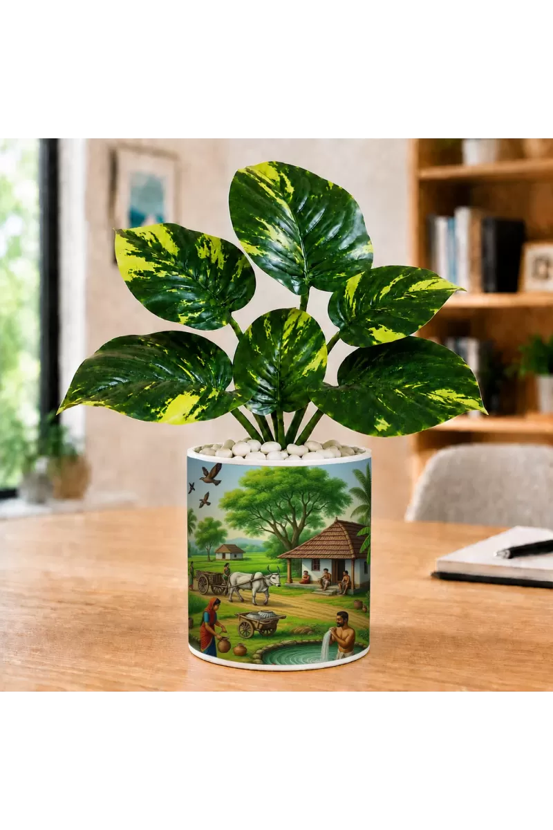 Artificial Tree Ceramic Photo Pot With White Stones 3x4 Inch (F164730)