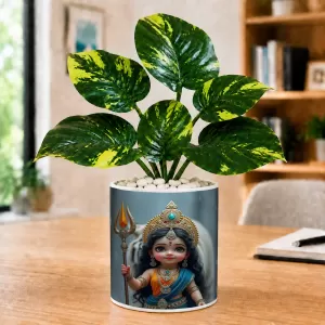 Artificial Tree Ceramic Photo Pot With White Stones 3x4 Inch (F164734)