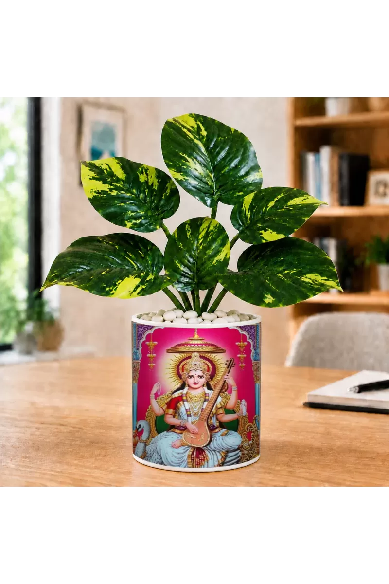 Artificial Tree Ceramic Photo Pot With White Stones 3x4 Inch (F164737)