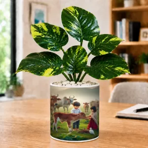 Artificial Tree Ceramic Photo Pot With White Stones 3x4 Inch (F164738)