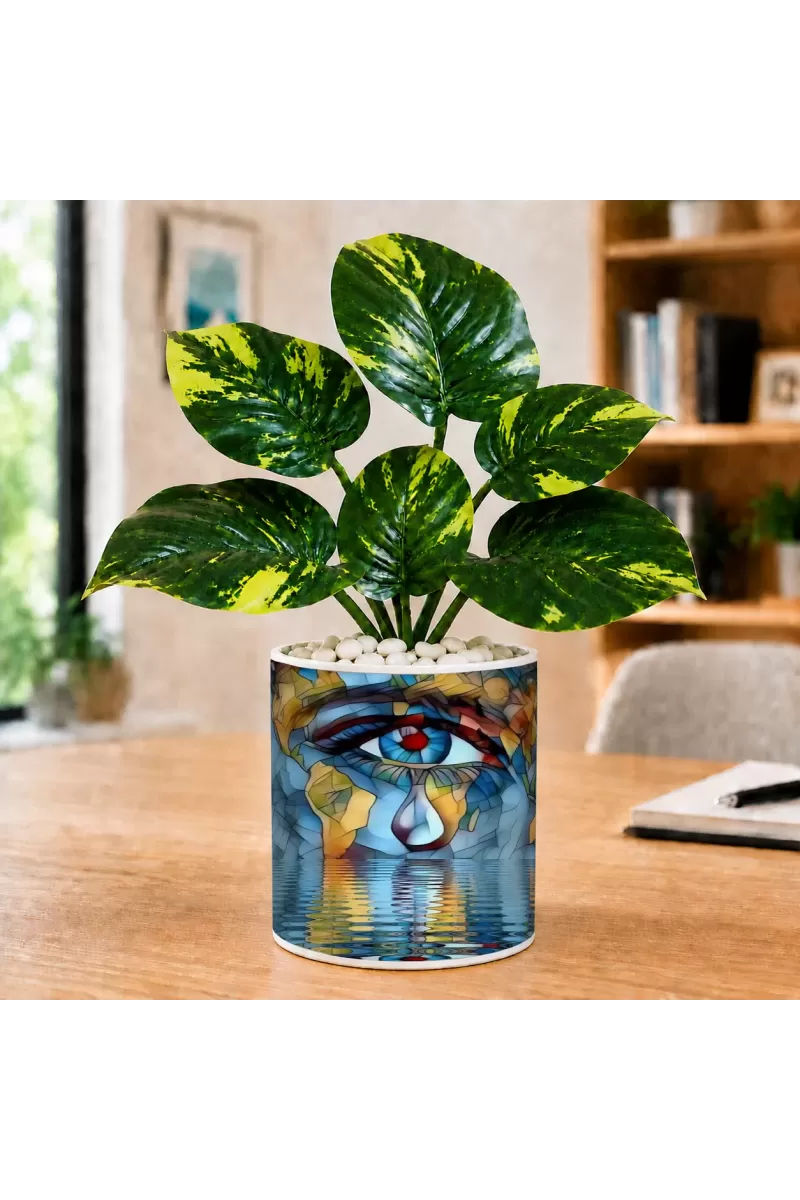 Artificial Tree Ceramic Photo Pot With White Stones 3x4 Inch (F164740)