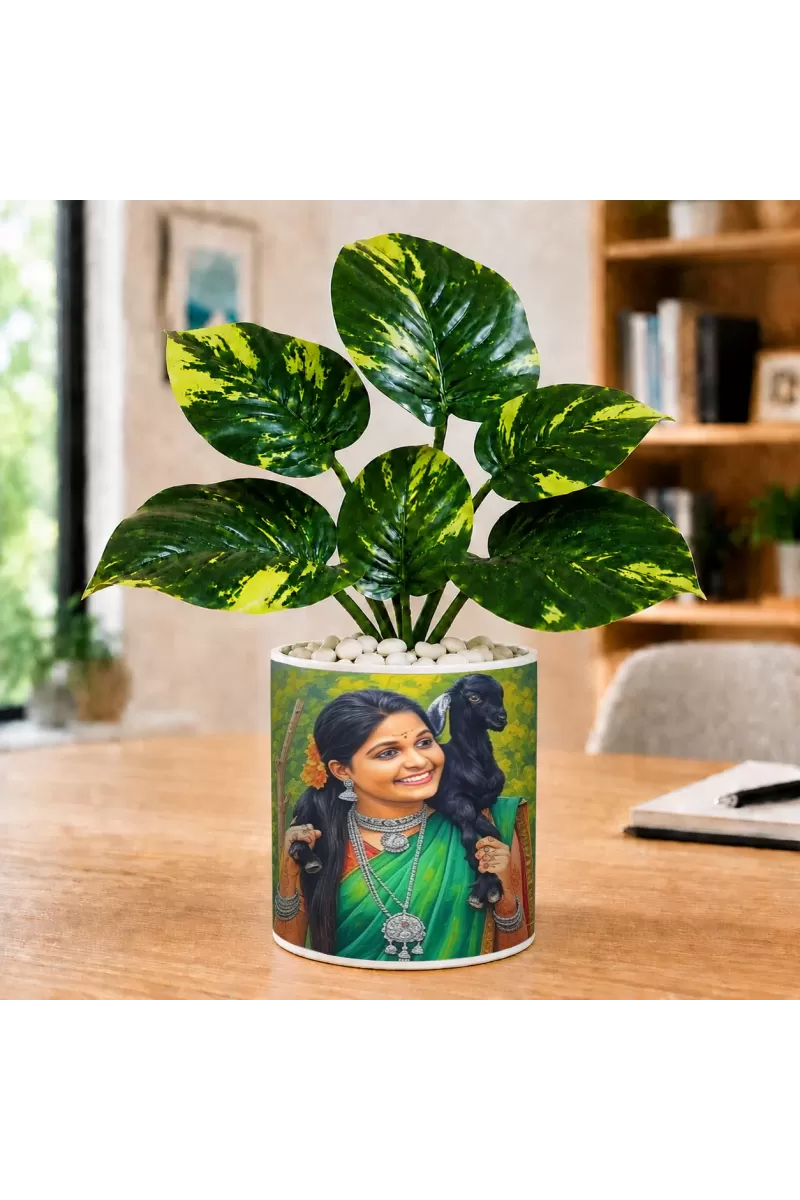 Artificial Tree Ceramic Photo Pot With White Stones 3x4 Inch (F164741)