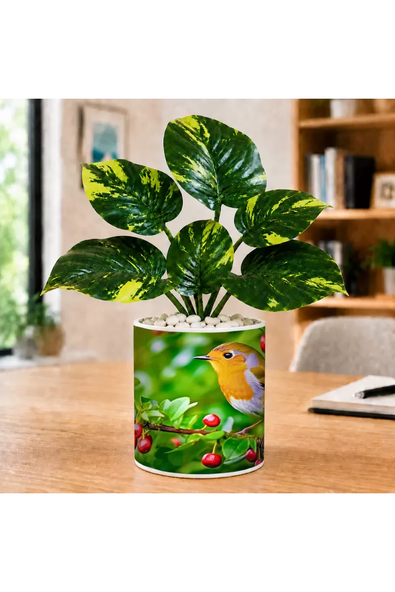 Artificial Tree Ceramic Photo Pot With White Stones 3x4 Inch (F164742)